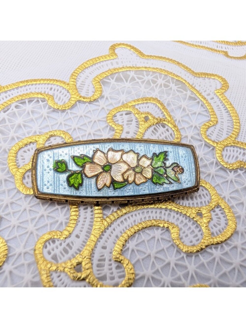 Antique Pin Guilloche Enamel Bar Floral C clasp Victorian/Edwardian cottagecore